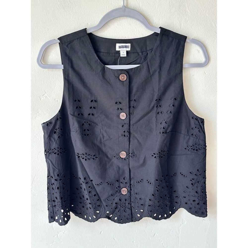 J.Crew Womens Black Eyelet Button Front Shell Size Small Vest Scalloped Hem Top